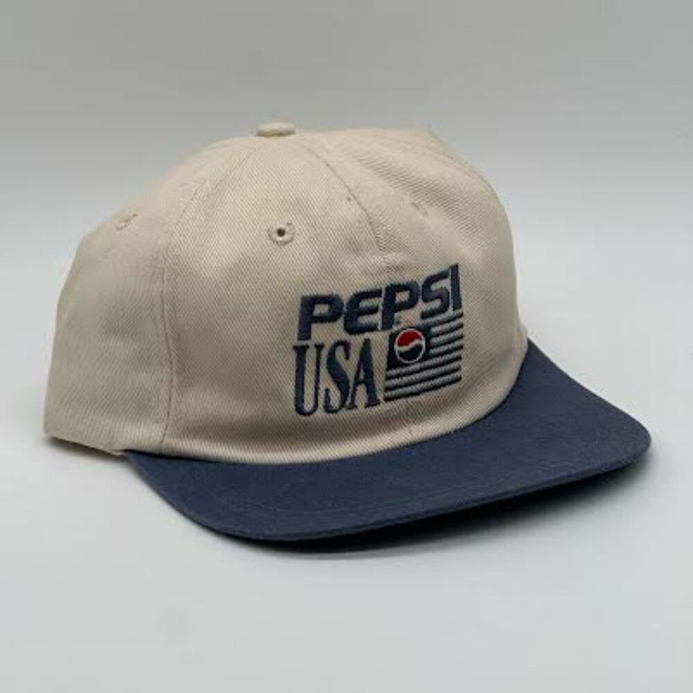 Vintage 90s Pepsi USA Strapback Hat Promo Cap Two Tone Navy & Beige 100% Cotton
